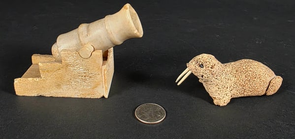 Two Antique Miniature Inuit Fossilized Whalebone Carved Sculptures, 19th Century