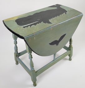 Vintage Handpainted Whale and Ocean Nautical Decorated Dropleaf Table