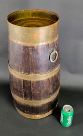 Antique English Oak Brass Bound Barrel Keg Peat Bucket, 19th Century