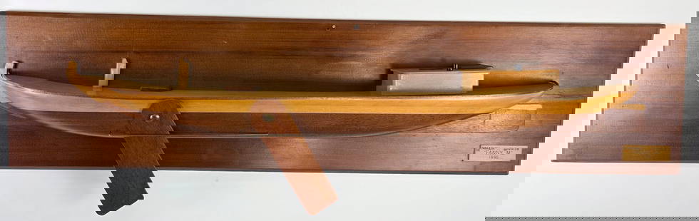 Fine Vintage Shipbuilders Half Hull Model, "Fanny M", Piscataqua Gundalow, 20th century: Fine Vintage Shipbuilders Half Hull Model, "Fanny M", Piscataqua Gundalow, 20th century, signed on reverse, Alexander Dorman, cherry and mahogany stacked lift hull construction mounted to cedar backbo