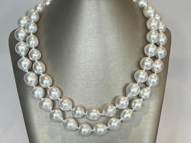 Fine 12.0mm - 15.8mm White Baroque South Sea Pearl Opera Length Necklace, 14k Gold Clasp