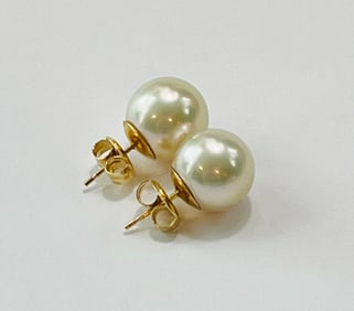 Pair of 11.2mm-11.5mm White South Sea Pearl Earrings, 14k Gold