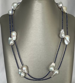 Lapis Lazuli and White Fresh Water Baroque Pearl Opera Length Necklace