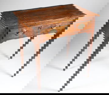 Hepplewhite Mahogany One Drawer Side Table, 19th Century: Hepplewhite Mahogany One Drawer Side Table, 19th Century, square tapering legs, oval brass hardware and key-hole escutcheon Height 29 in. Width 29 in. Depth 17 in. Provenance: Collection of Susan Aker