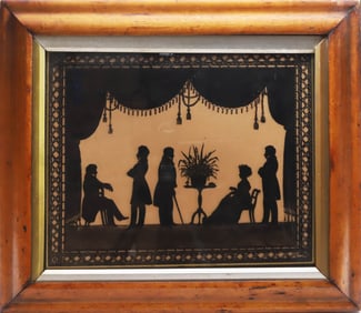Antique Reverse Painting On Glass "Colonial Gathering Silhouette"