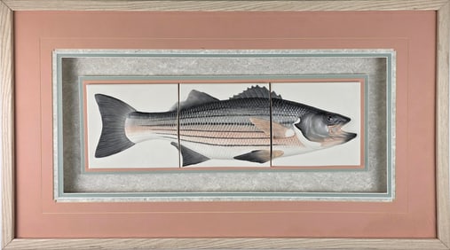 Vintage Ron Goeke Bisque Porcelain Tile Striped Bass Shadowbox, 20th Century