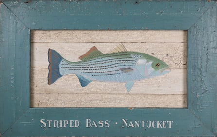 Vintage Folk Art Nantucket Striped Bass Painted Panel