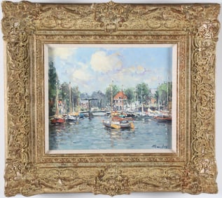 Nicolaas Van Der Plas Oil on Board "Haven Van Medimblik Harbor Scene"