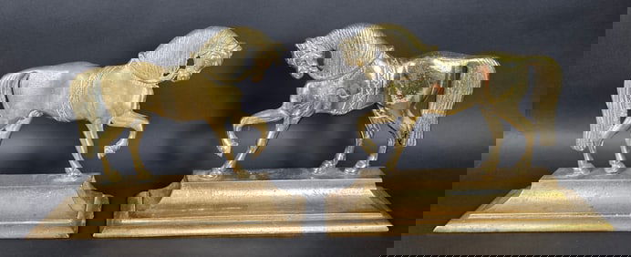 Pair of Antique Brass Figural Horse Doorstops or Bookends, 19th century
