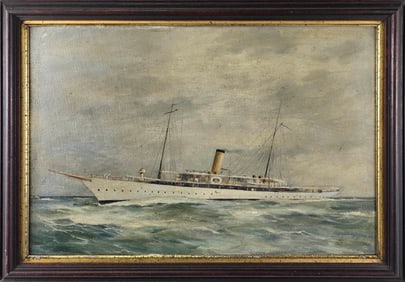 Antique Oil on Artists Board Yacht Portrait Painting, 19th Century