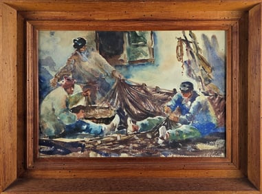 John Chetcuti Watercolor on Paper, "Net Menders", Painting, 20th Century