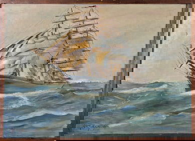 Vintage Art Malmstrom Relief Carved and Painted Clipper Ship Plaque, 20th Century