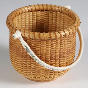 Jean M. Valerio Two-Egg Nantucket Basket, Scrimshaw Swing Handle "She Collects Seashells Down by the