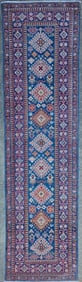 Vintage Blue Hand Knotted Wool Kazak Oriental Rug Carpet Runner, 20th century