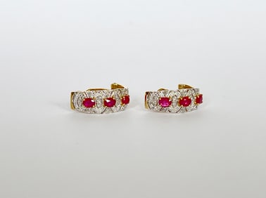 Pair of Ruby and Diamond Earclips Set in 14k Yellow and White Gold