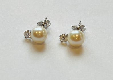 Pair of 8mm Cultured Pearl and Diamond Earrings