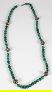 Malachite and Cloisonne Bead Necklace: Malachite and Cloisonne Bead Necklace Length 32 in.