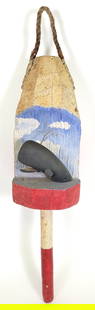 Vintage Folk Art Sperm Whale Wooden Buoy Whimsical Carving: Vintage Folk Art Sperm Whale Wooden Buoy Whimsical Carving, scene carved from an antique New England painted wooden buoy, with spouting and breaching sperm whale. Height 22 in. Width 6 in. Depth 6 in.