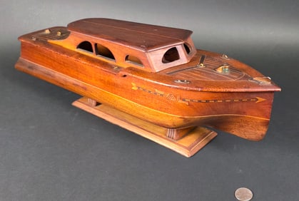 Vintage Multiwood Inlaid Cherry and Mahogany Wind Up Boat Pond Model, 20th century