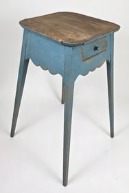 Vintage Bench Made Blue Painted Splay Leg One Drawer Stand, 20th century