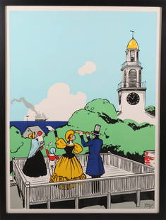 Tony Sarg Silk Screen Poster "Family on the Roof Walk": Tony Sarg (1880-1942) Silk Screen Poster "Family On The Roof Walk", signed within the poster Tony Sarg, wood frame. 38 in. x 28 in. Framed 40 in. x 30 in.