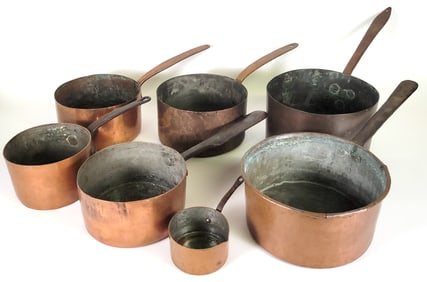 Collection of Seven Pieces of Antique French Copper Cookware