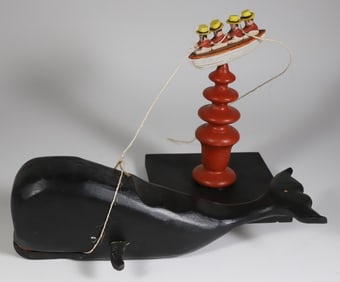 Charlie Munro Folk Art Carved Wood Whale Sculpture and Longboat with 4 Whalemen, circa 2002