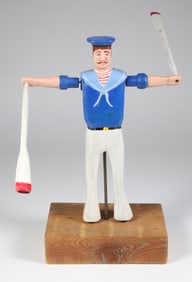 Charlie Munro Folk Art Carved Wood Sailor Whirligig On Stand