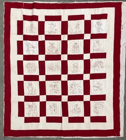 Red and White "Nursery Rhyme" Embroidered Quilt Top