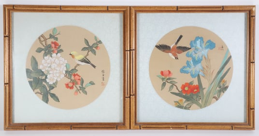 Pair of Japanese Watercolors on Silk in Faux Bamboo Frames
