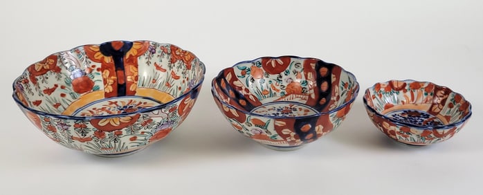Three 19th C. Japanese Imari Nesting Porcelain Bowls