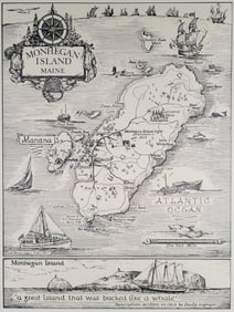 Ruth Rhoads Lepper (1905-2011) Whimsical Illustrated Map of Monhegan Island Maine