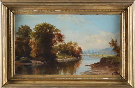 Antique Oil on Artist's Board "New Hampshire River Landscape": Antique Oil on Artist's Board "New Hampshire River Landscape", in molded gilt frame 10.5 in. x 18 in. Framed 15.5 in. x 23 in.