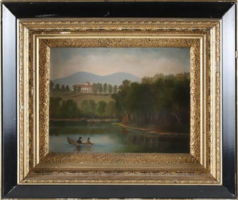 Oil on Artist's Academy Board "Folk Art New England Landscape", 19th Century