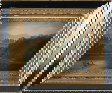 Oil on Artist's Academy Board "Folk Art New England Landscape", 19th Century: Oil on Artist's Academy Board "Folk Art New England Landscape", 19th Century, in ebonized and gilt frame 9 in. x 12 in. Framed 17 in. x 20 in.