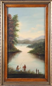 "New England River Landscape With Fisherman" Painting