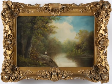 B. Ward Oil on Canvas "River Landscape With Fisherman", 19th Century