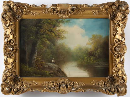 B. Ward Oil on Canvas "River Landscape With Fisherman", 19th Century: B. Ward Oil on Canvas "River Landscape With Fisherman", 19th Century, signed lower left B. Ward, in gilt molded frame 11.5 in. x 17.5 in. Framed 18 in. x 24 in.
