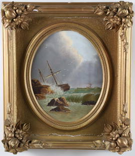 Oil on Canvas American School Seascape "On The Rocks", 19th Century: Oil on Canvas American School Seascape "On The Rocks", 19th Century, in period gilt frame 9.5 in. x 7.5 in. Framed 15 in. x 13 in.