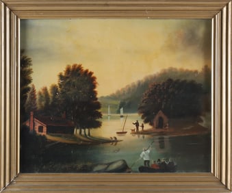 Oil on Canvas "Folk Art New England River Landscape With Sailboats", 19th Century
