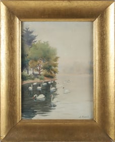 A. Riddell Watercolor "Boston Common Swans"
