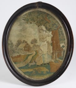 18th Century English Silk Needlework Portrait of Lady, Daughter and Pet Dog