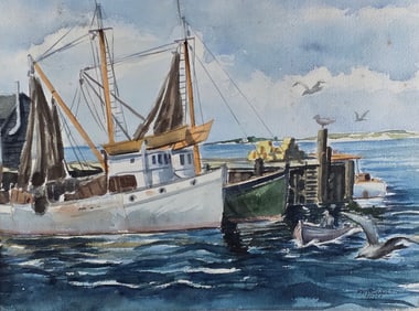 Frederick Russel Watercolor on Paper, "Island Service Station", Painting, 20th Century