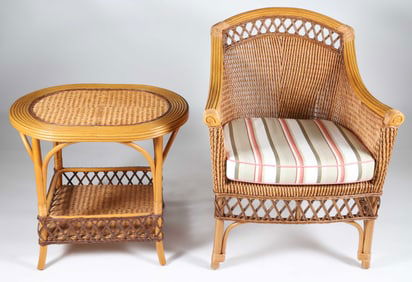 Palecek Rattan Woven Armchair and Matching Side Table