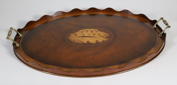 Vintage Conch Shell Inlaid Mahogany Serving Tray with Scalloped Gallery