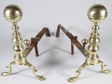 Pair of Period Brass Ball Top Andirons, 19th Century