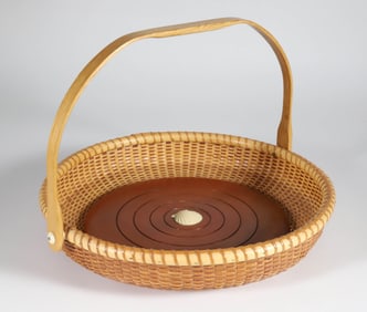 Bill Cluff Woven Shallow Round Swing Handle Nantucket Basket, circa 1997