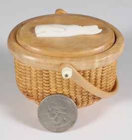 Jean M. Valerio Woven Miniature Covered Oval Swing Handle Nantucket Basket, circa 2014