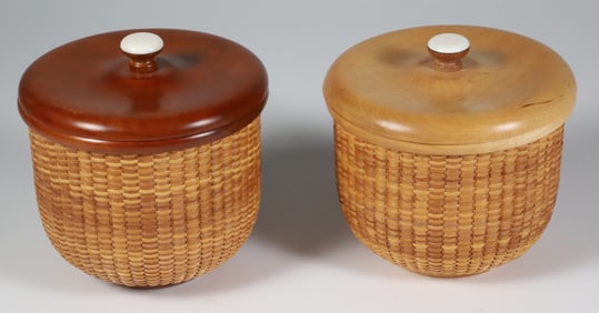 Pair Jean M. Valerio Woven Covered Round Nantucket Baskets