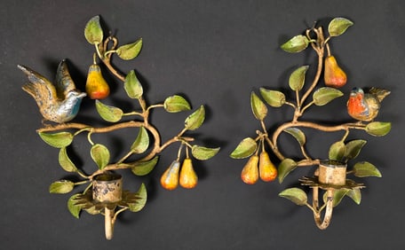 Pair of Vintage Painted Metal Bird and Foliate Hanging Wall Sconces, 20th century